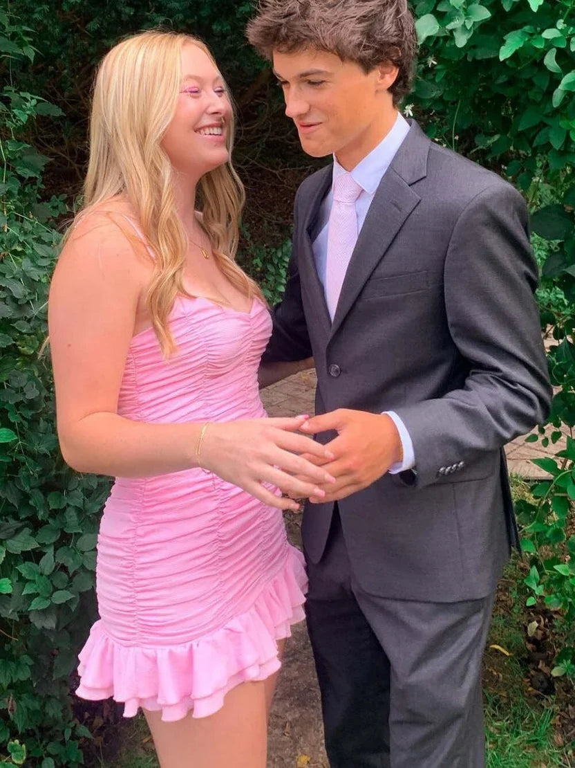 Spaghetti Straps Pink Sheath Ruffled Homecoming Dress