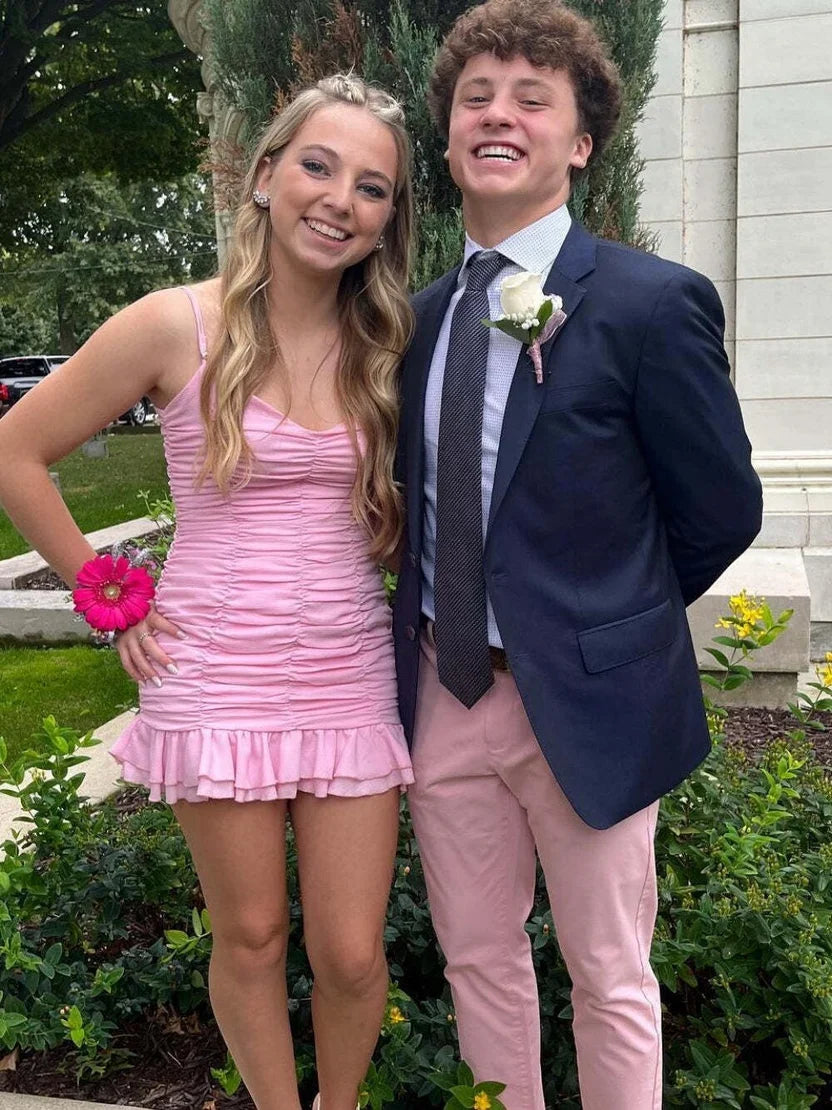 Spaghetti Straps Pink Sheath Ruffled Homecoming Dress
