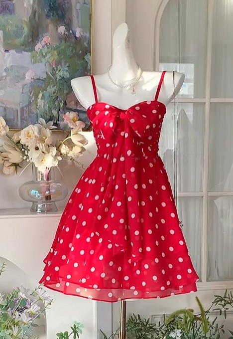 Spaghetti Straps Polka Dots A-Line Red Short Homecoming Dress