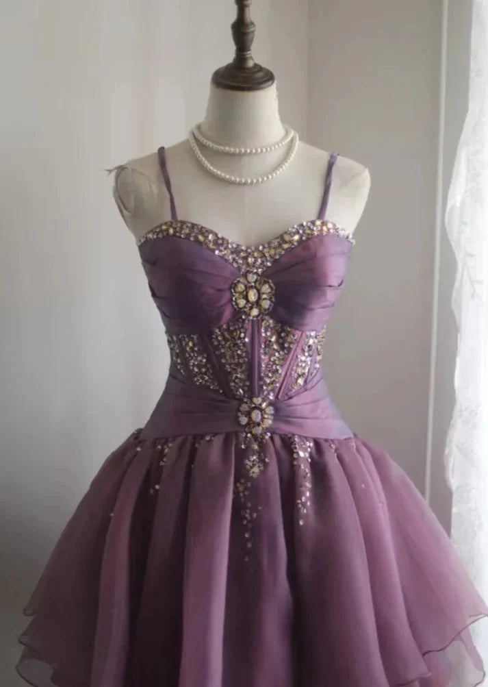 Spaghetti Straps Purple Beaded A-Line Short Homecoming Dresses