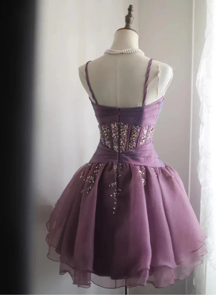 Spaghetti Straps Purple Beaded A-Line Short Homecoming Dresses