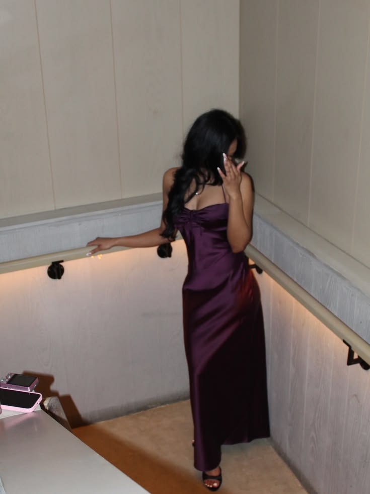 Spaghetti Straps Purple Satin Formal Prom Dress