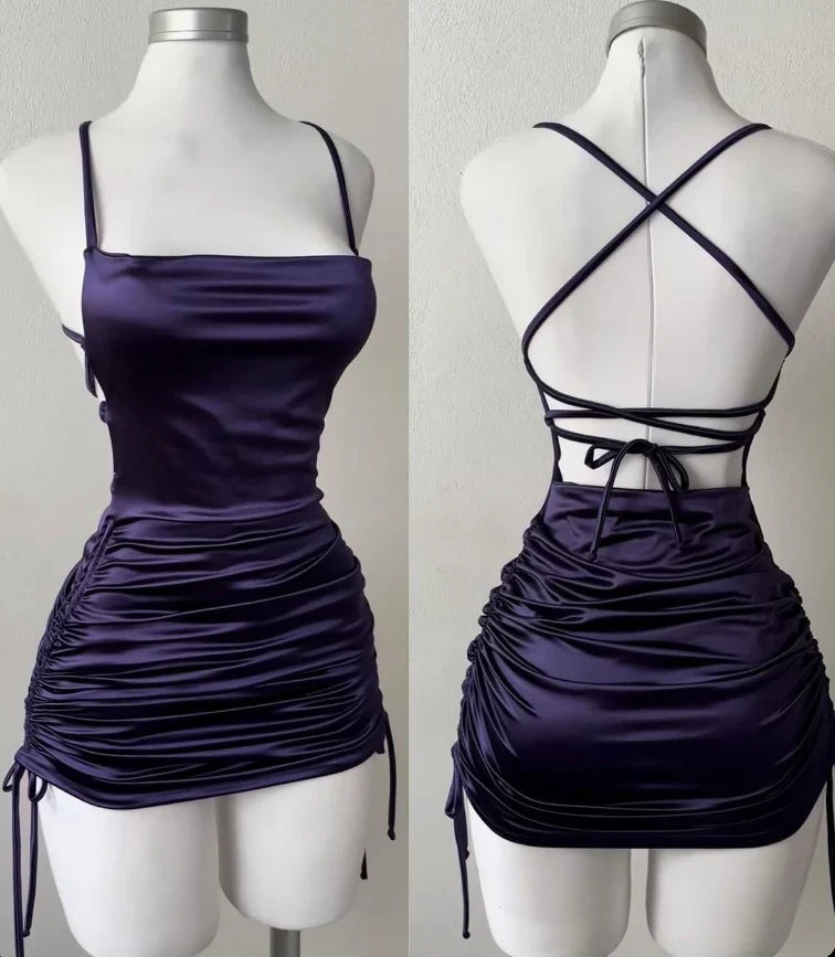 Spaghetti Straps Purple Satin Mini Homecoming Dress