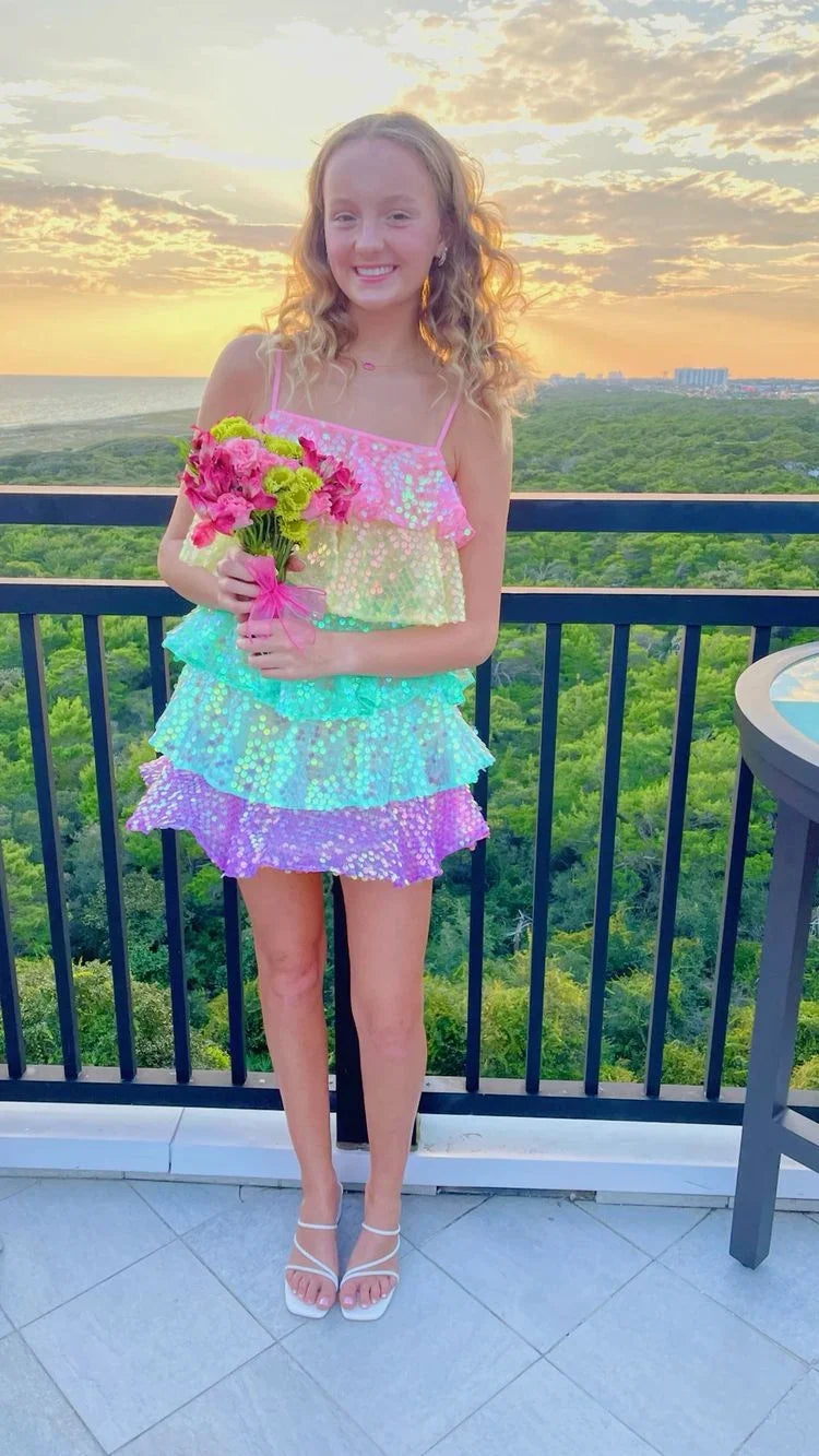 Spaghetti Straps Rainbow Sequins Homecoming Dress J11695