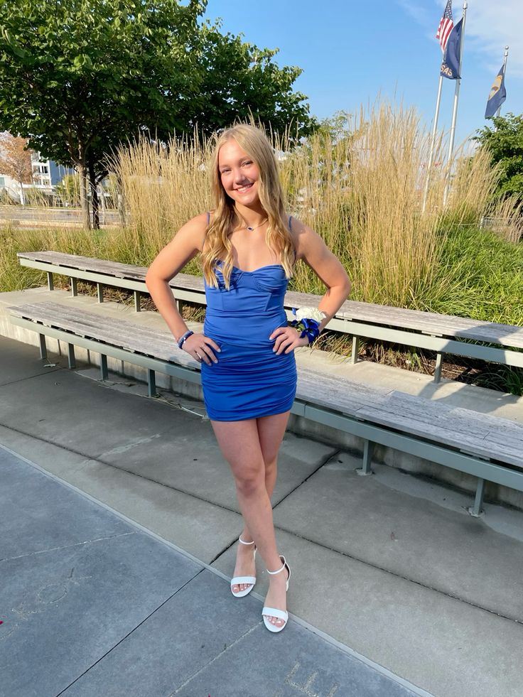 Spaghetti Straps Royal Blue Satin Homecoming Dress Short Cocktail Dress