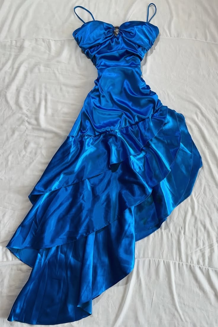 Spaghetti Straps Royal Blue Satin Ruffled Prom Dress J11680