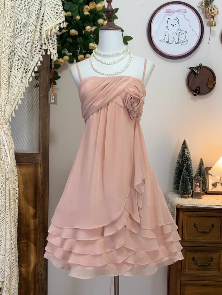 Spaghetti Straps Ruffled Chiffon Homecoming Dress Peach Pink Party Dress
