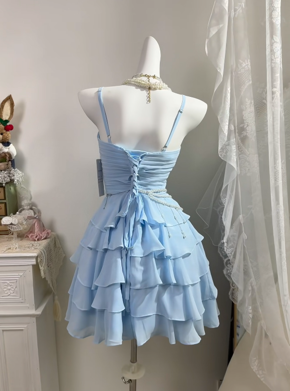 Spaghetti Straps Sky Blue Layered Homecoming Dress Chiffon Party Dress J11161