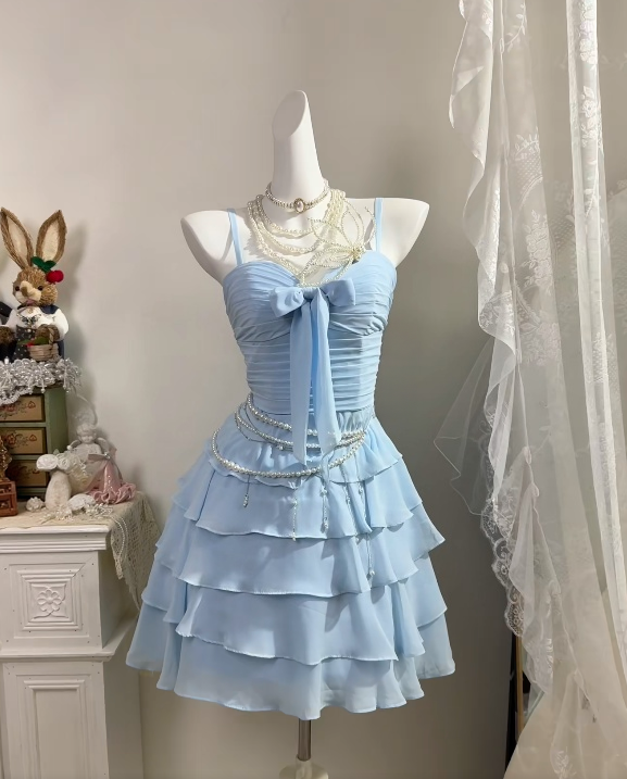 Spaghetti Straps Sky Blue Layered Homecoming Dress Chiffon Party Dress J11161