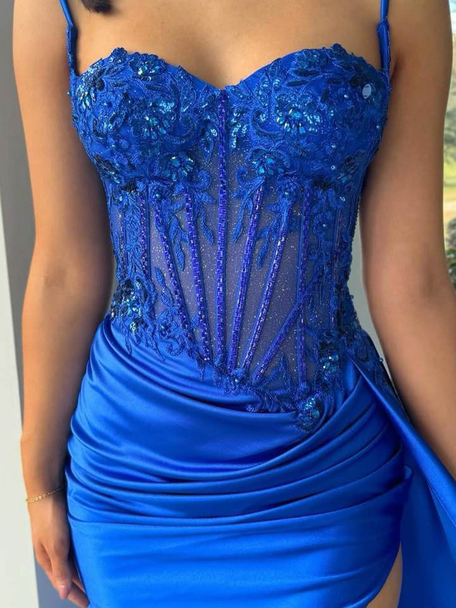 Spaghetti Straps Sweetheart Appliques Pleated Prom Dress with Slit - View 5 | FashionDia