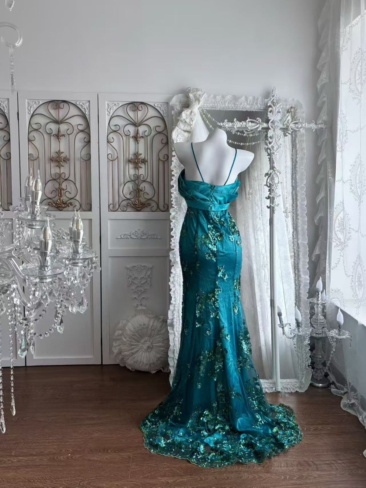 Spaghetti Straps Teal Mermaid Prom Dress Retro Evening Gown J10915