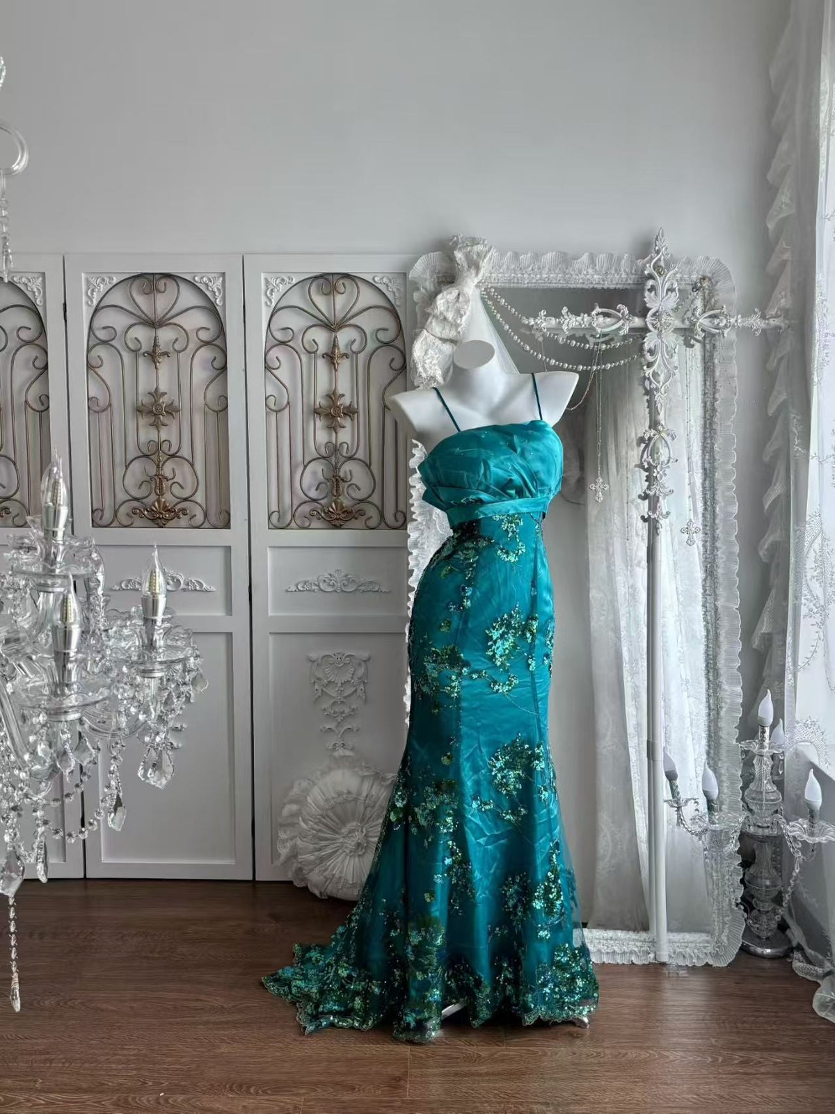 Spaghetti Straps Teal Mermaid Prom Dress Retro Evening Gown J10915