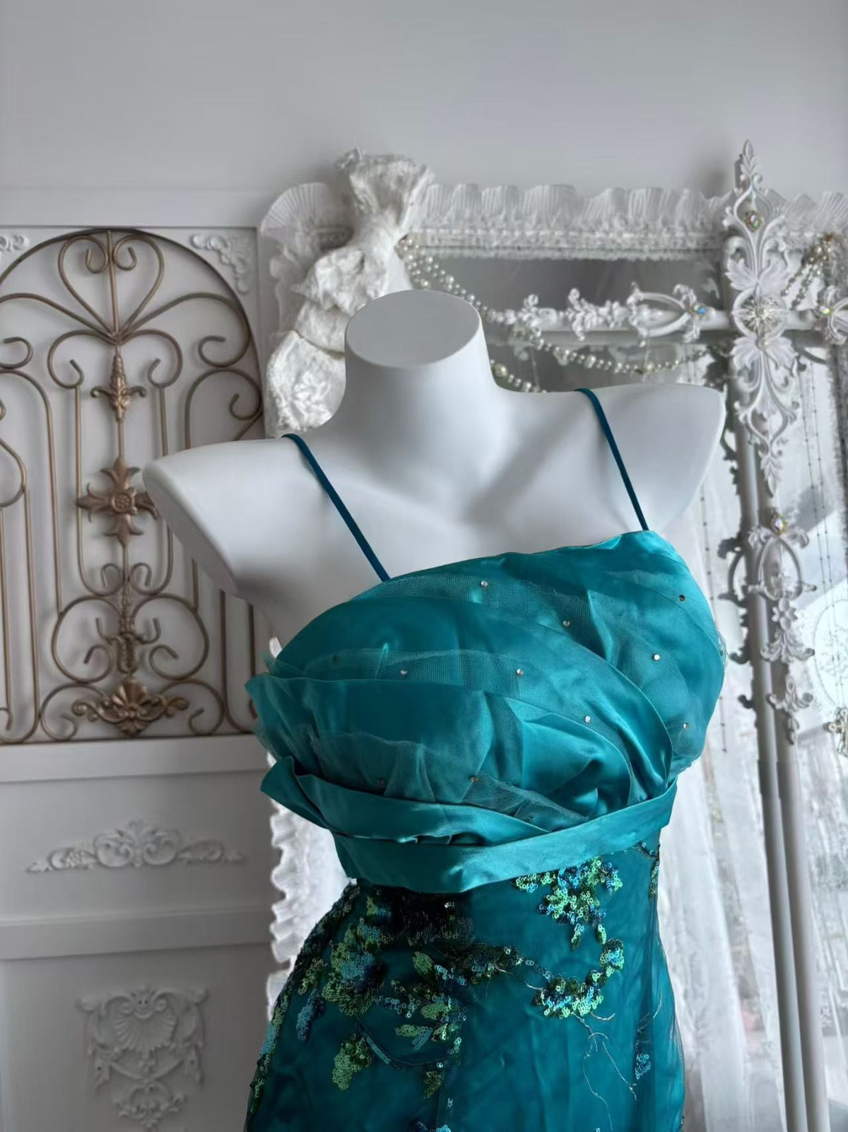 Spaghetti Straps Teal Mermaid Prom Dress Retro Evening Gown J10915
