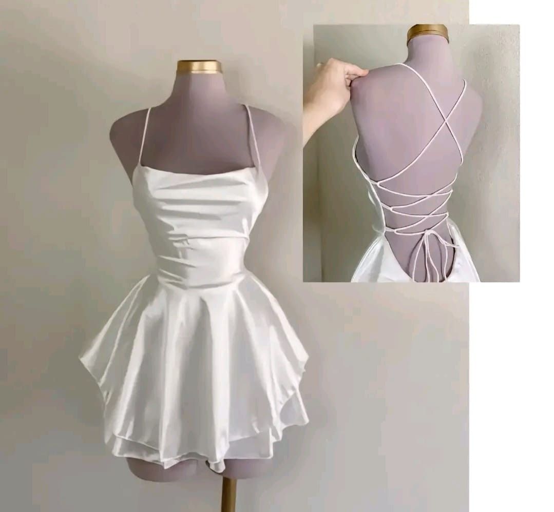 Spaghetti Straps White Satin Homecoming Dress Open Back Birthday Dress J11141