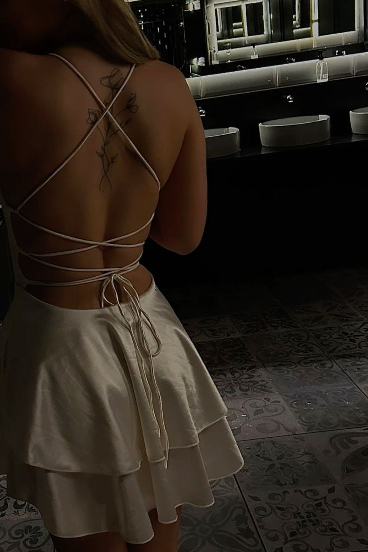 Spaghetti Straps White Satin Homecoming Dress Open Back Birthday Dress J11141