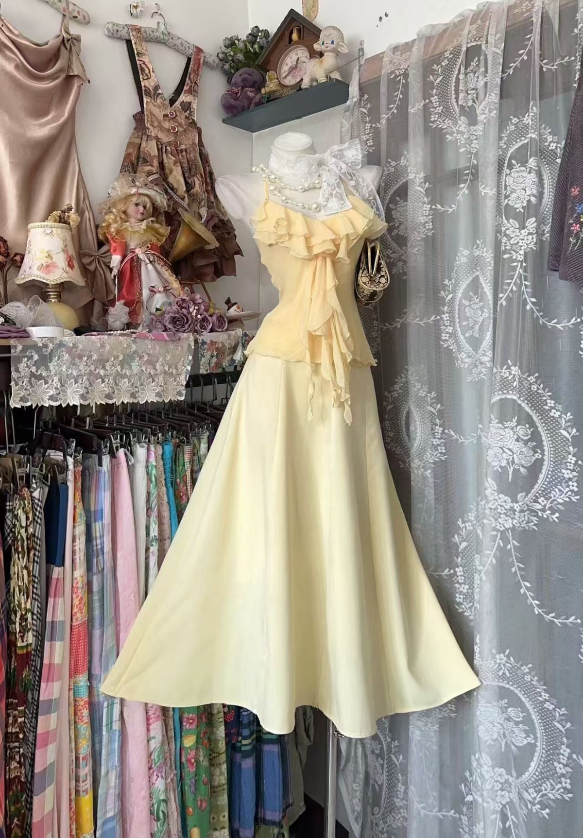 Spaghetti Straps Yellow Chiffon Prom Dress Ruffled Evening Dress J10866