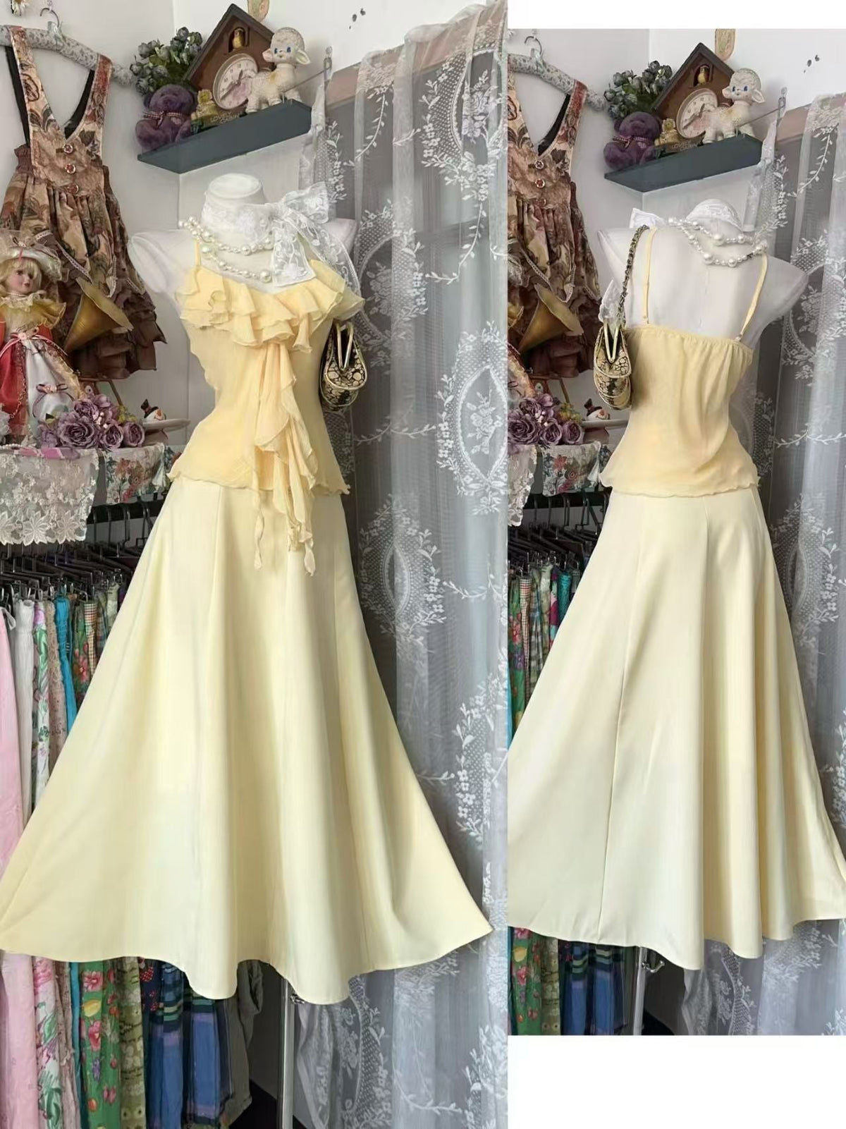 Spaghetti Straps Yellow Chiffon Prom Dress Ruffled Evening Dress J10866