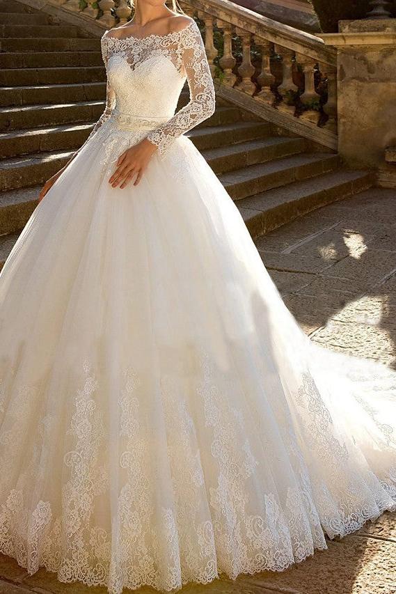 Sparkle & Shine Ball Gown Wedding Dress Off Shoulder Lace Tulle Lace Glamorous Long Sleeves Bridal Gowns with Chapel Train