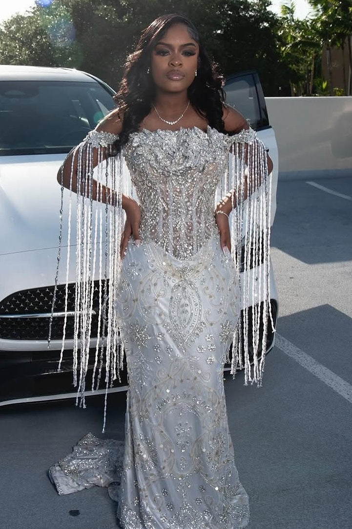 Sparkle Silver Off-the-shoulder Mermaid Court Train Tassels Prom Dresses
