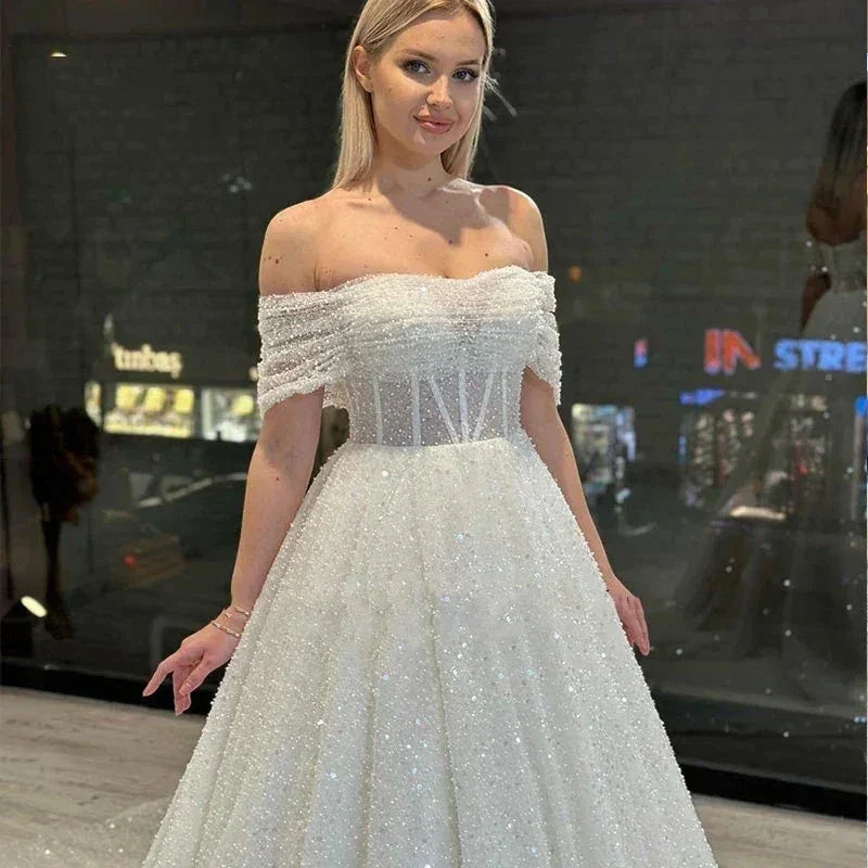 Sparkling Lace Off Shoulder Sweetheart Mopping New Wedding Dresses Bridal Gowns Backless Beautiful Appliques Sweep Train Beach (ZD14237)