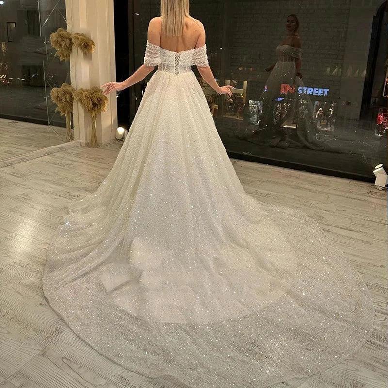 Sparkling Lace Off Shoulder Sweetheart Mopping New Wedding Dresses Bridal Gowns Backless Beautiful Appliques Sweep Train Beach (ZD14237)