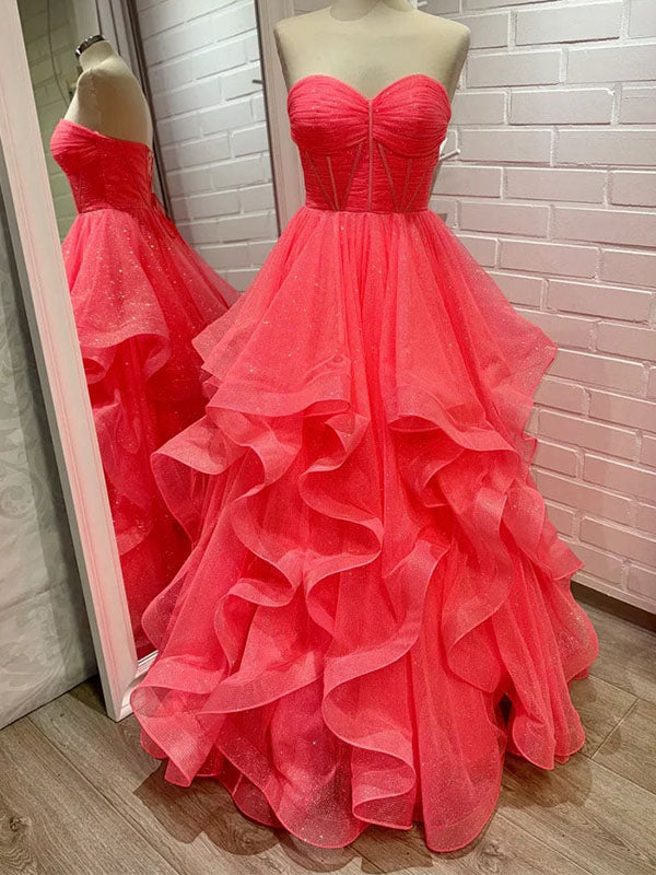 Sparkling Coral Strapless Corset Prom Dress with Tiered Ruffles