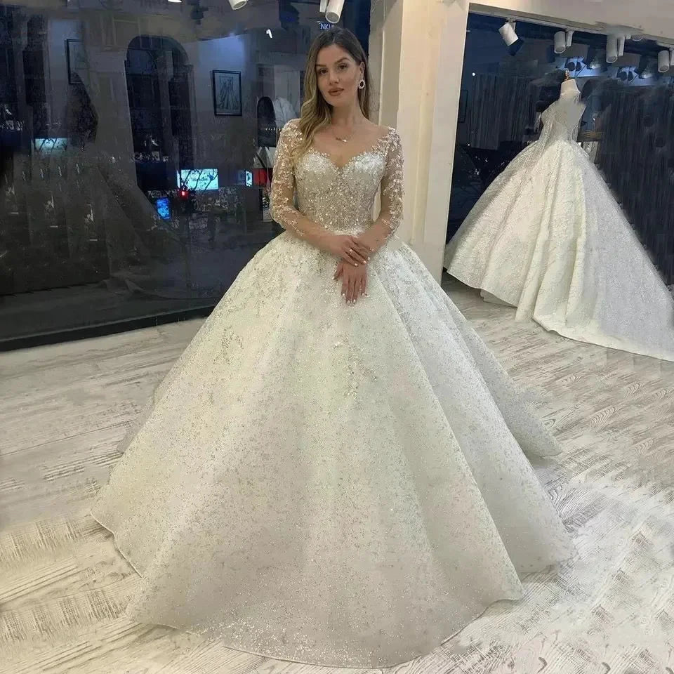 Sparkly Beading Wedding Dress Long Sleeves 2023 Vestido De Noiva Lace Up Pageant Beading Bridal Gowns Custom Made Hochzeitskleid by payinti