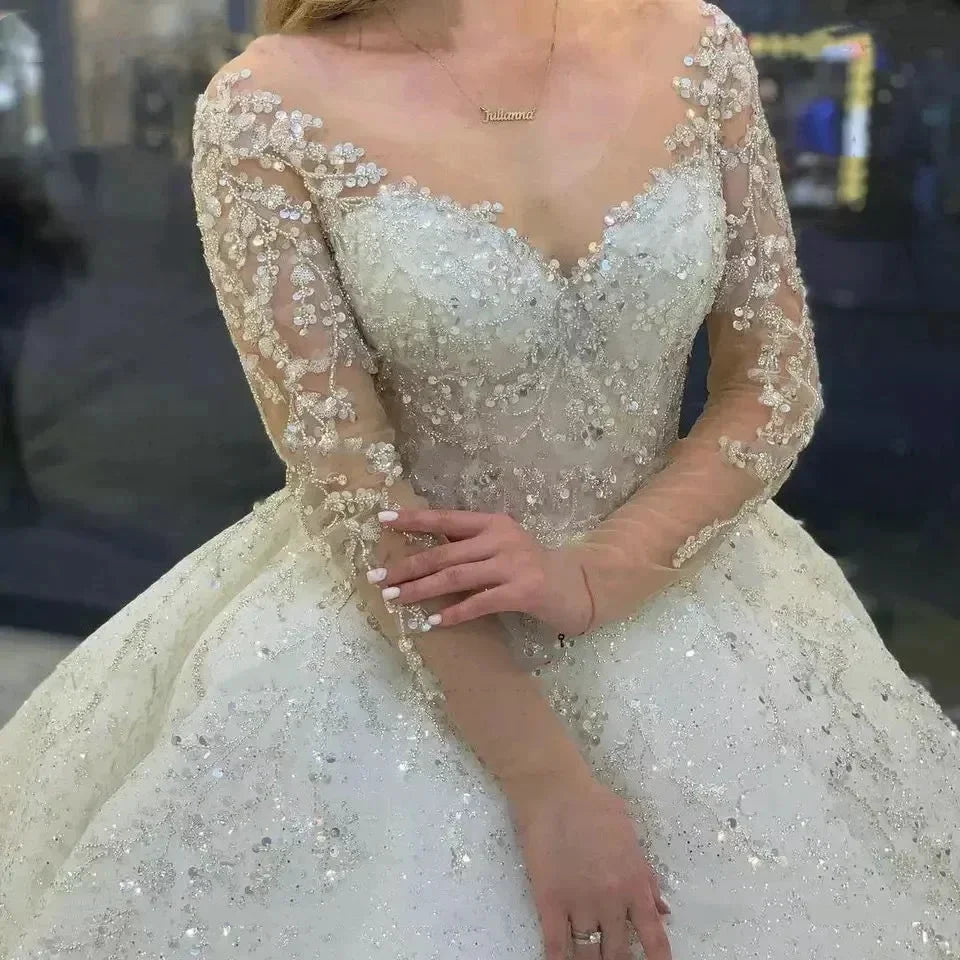 Sparkly Beading Wedding Dress Long Sleeves 2023 Vestido De Noiva Lace Up Pageant Beading Bridal Gowns Custom Made Hochzeitskleid (ZD14109)