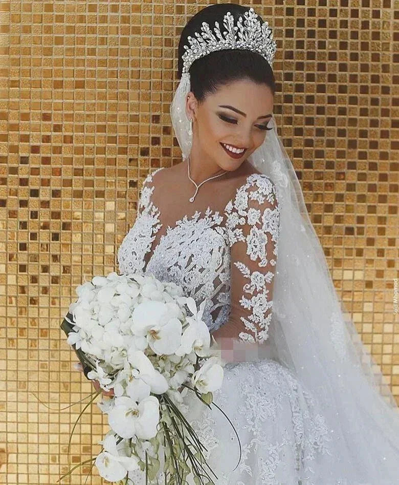 Sparkly Lace Wedding Dress Mermaid Illusion Bodice vestido de noiva Long Sleeve Sheer Neck Appliques Bridal Gowns 2022 Spring (ZD13321)