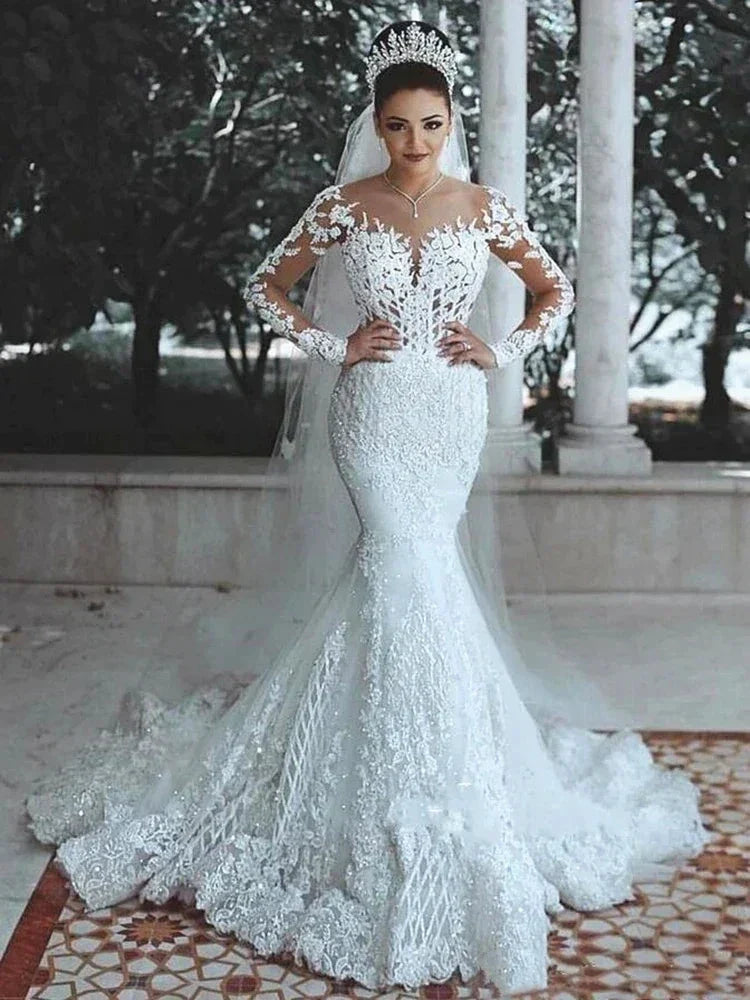 Sparkly Lace Wedding Dress Mermaid Illusion Bodice vestido de noiva Long Sleeve Sheer Neck Appliques Bridal Gowns 2022 Spring (ZD13321)