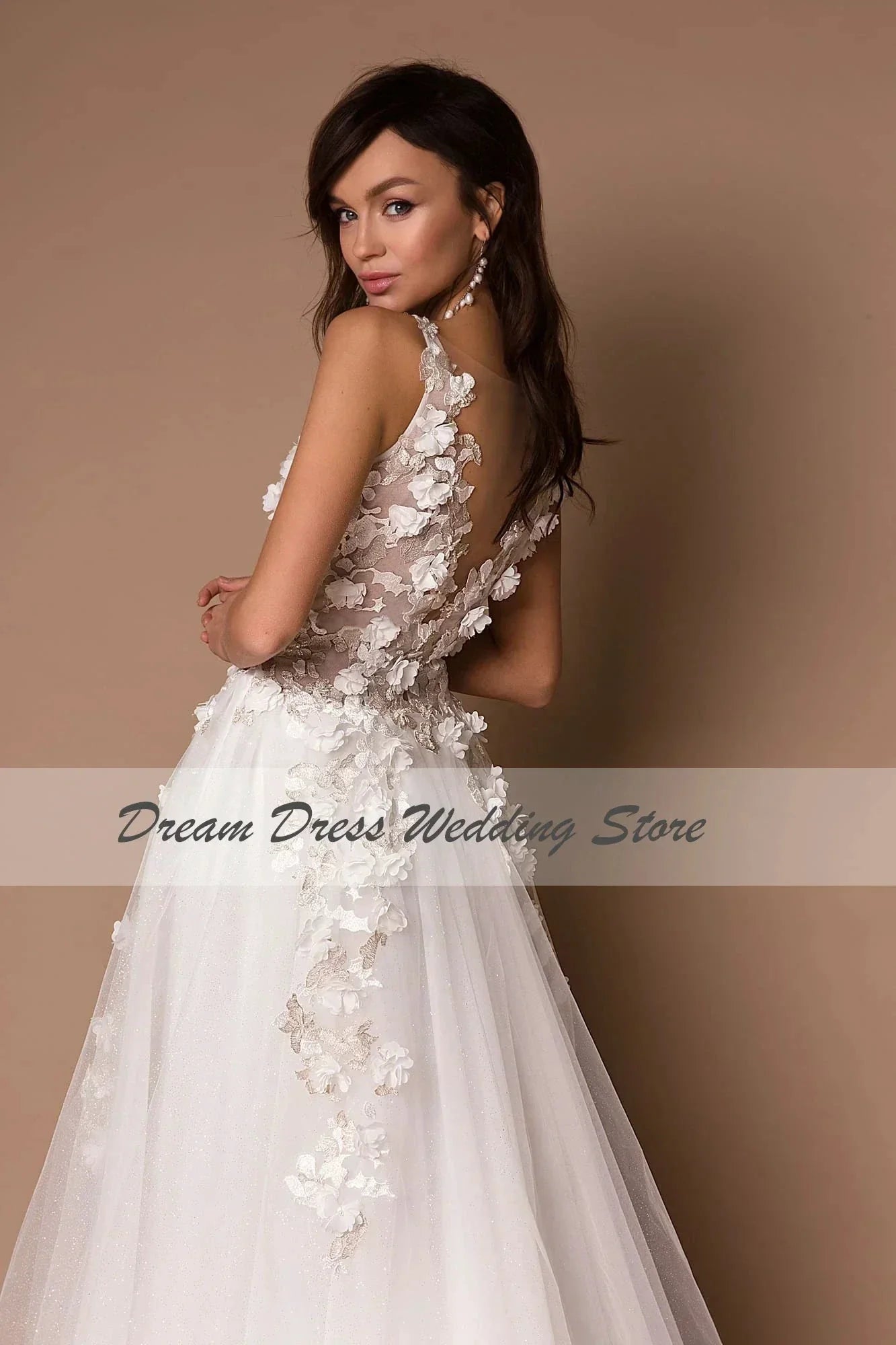 Sparkly V-Neck Wedding Dresses 2023 Boho 3D Appliques Tulle Bridal Gowns Vestidos De Novia Bohemian Princess Brides Dresses (ZD13312)