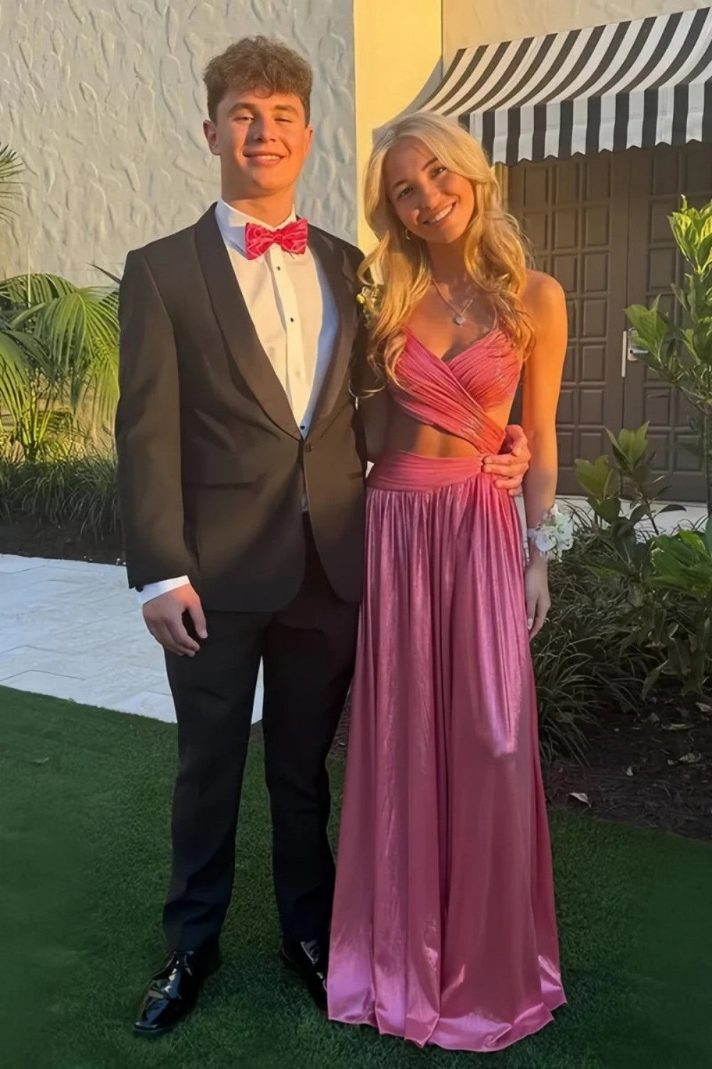 Sparkly A Line Spaghetti Straps Hot Pink Long Prom Dress with Criss Cross Back