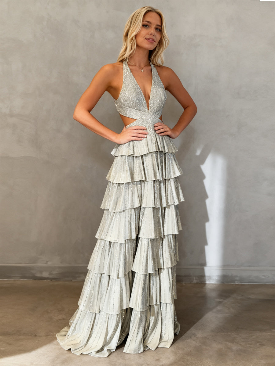 Sparkly A-Line Tiered Beaded Corset Long Prom Dress with Slit - View 5 | FashionDia