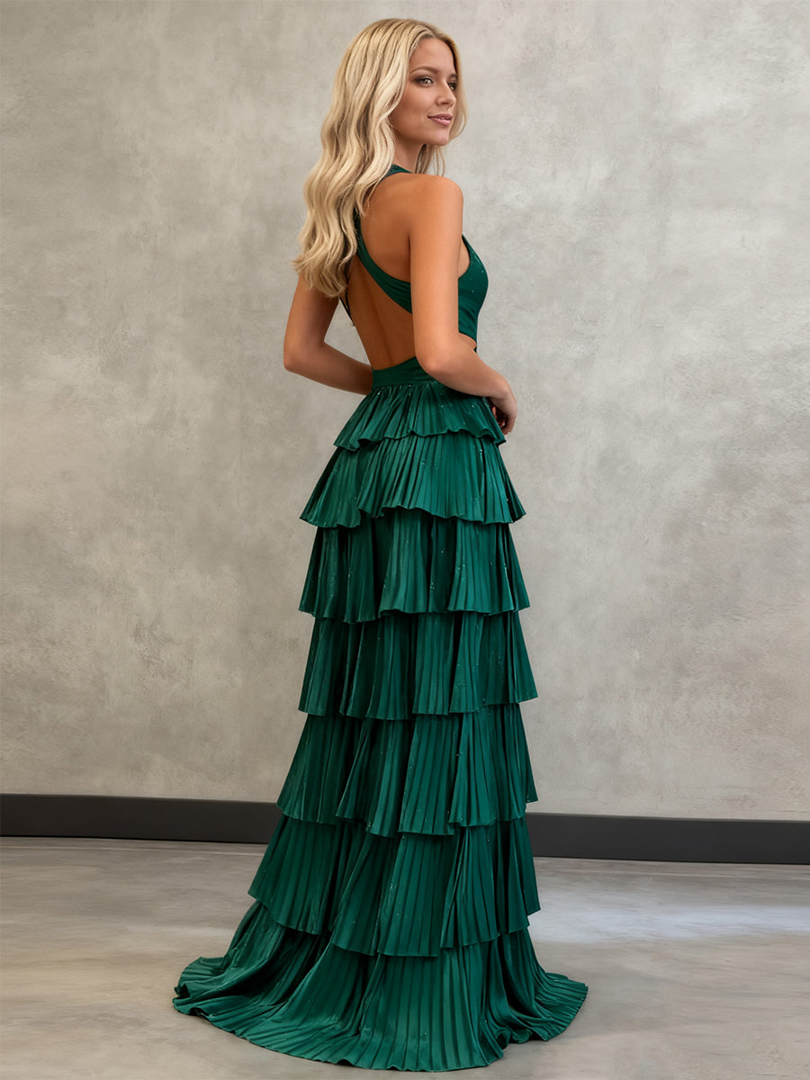 Sparkly A-Line Tiered Beaded Corset Long Prom Dress with Slit - View 8 | FashionDia