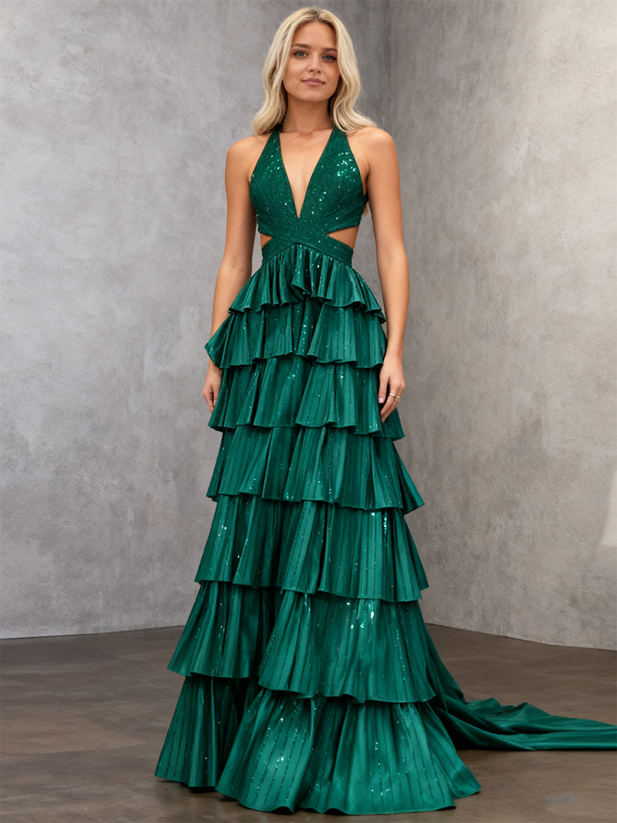 Sparkly A-Line Tiered Beaded Corset Long Prom Dress with Slit - View 7 | FashionDia