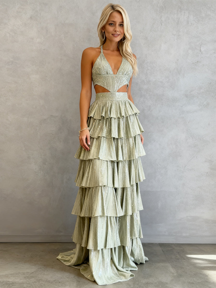 Sparkly A-Line Tiered Beaded Corset Long Prom Dress with Slit - View 4 | FashionDia
