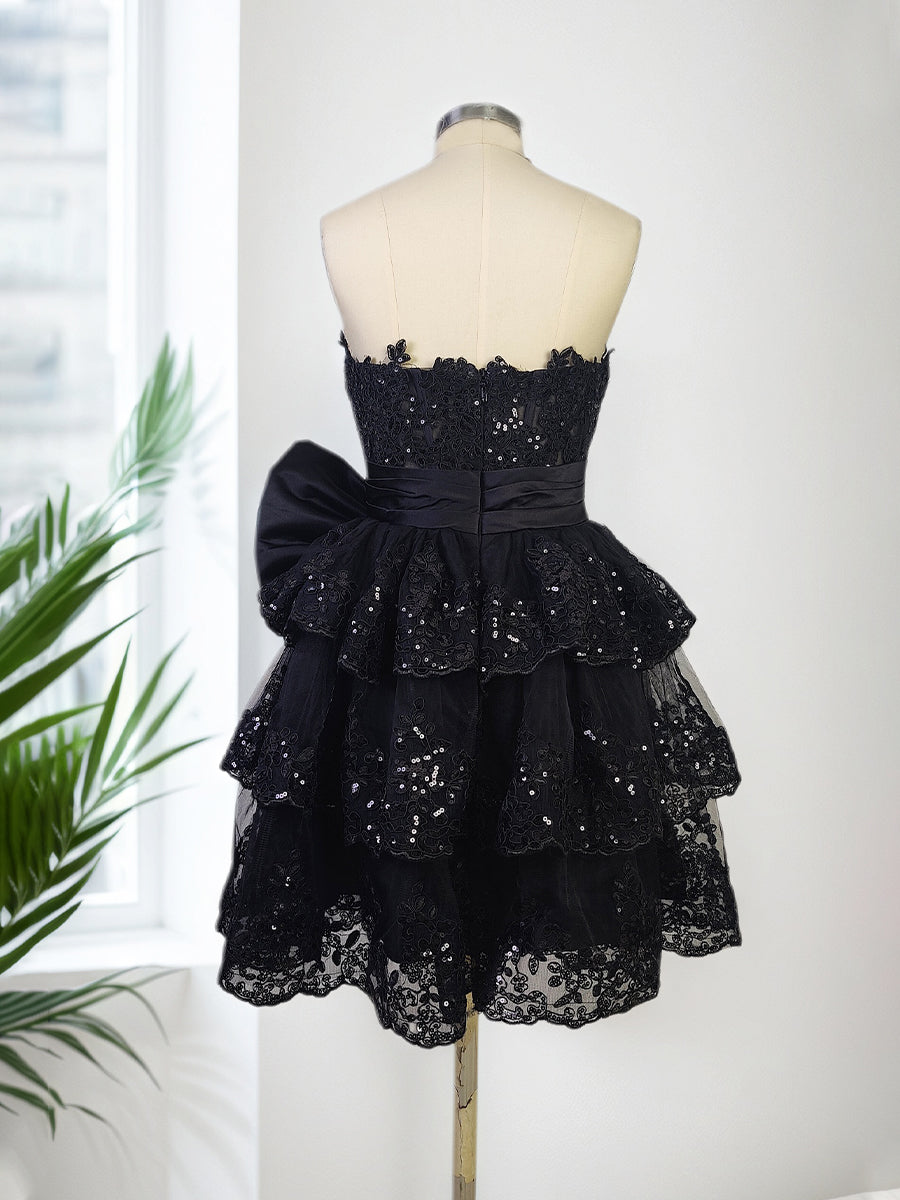 Sparkly A-Line Sweetheart Corset Tiered Ruffle Homecoming Dress with Bows - View 5 | FashionDia