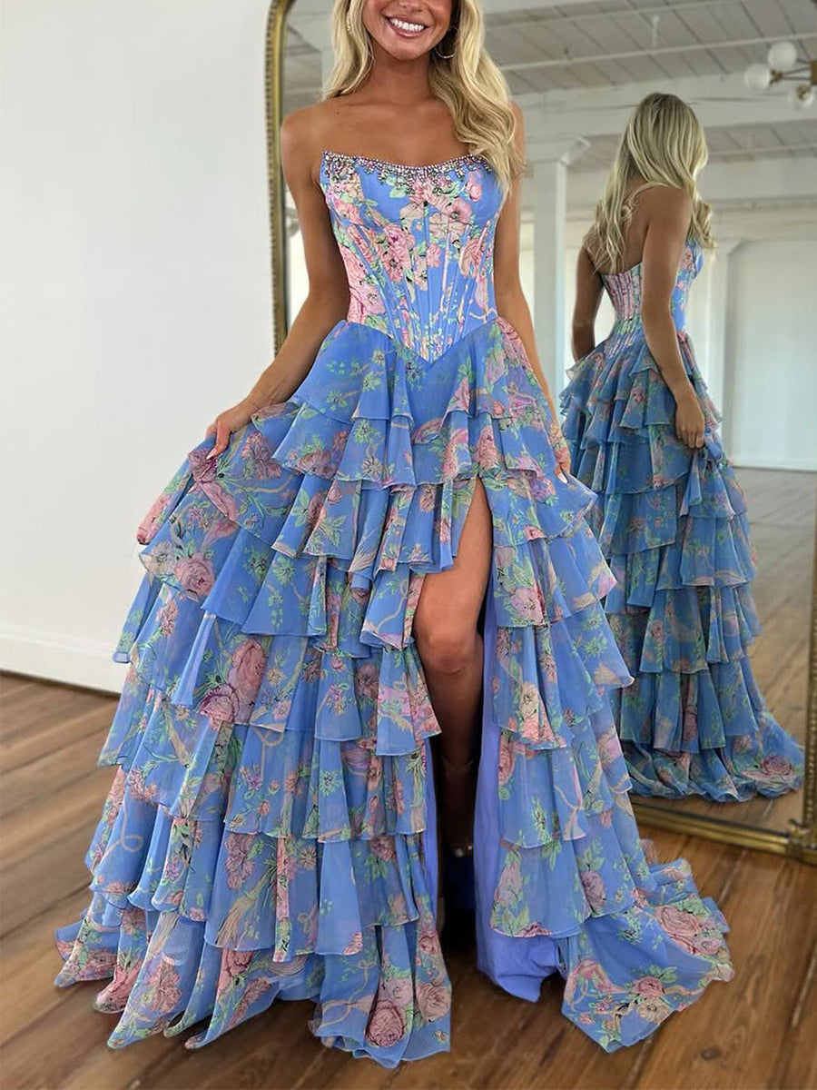 Sparkly Blue Floral Corset Ruffled Long Prom Dress with Slit - View 10 | FashionDia