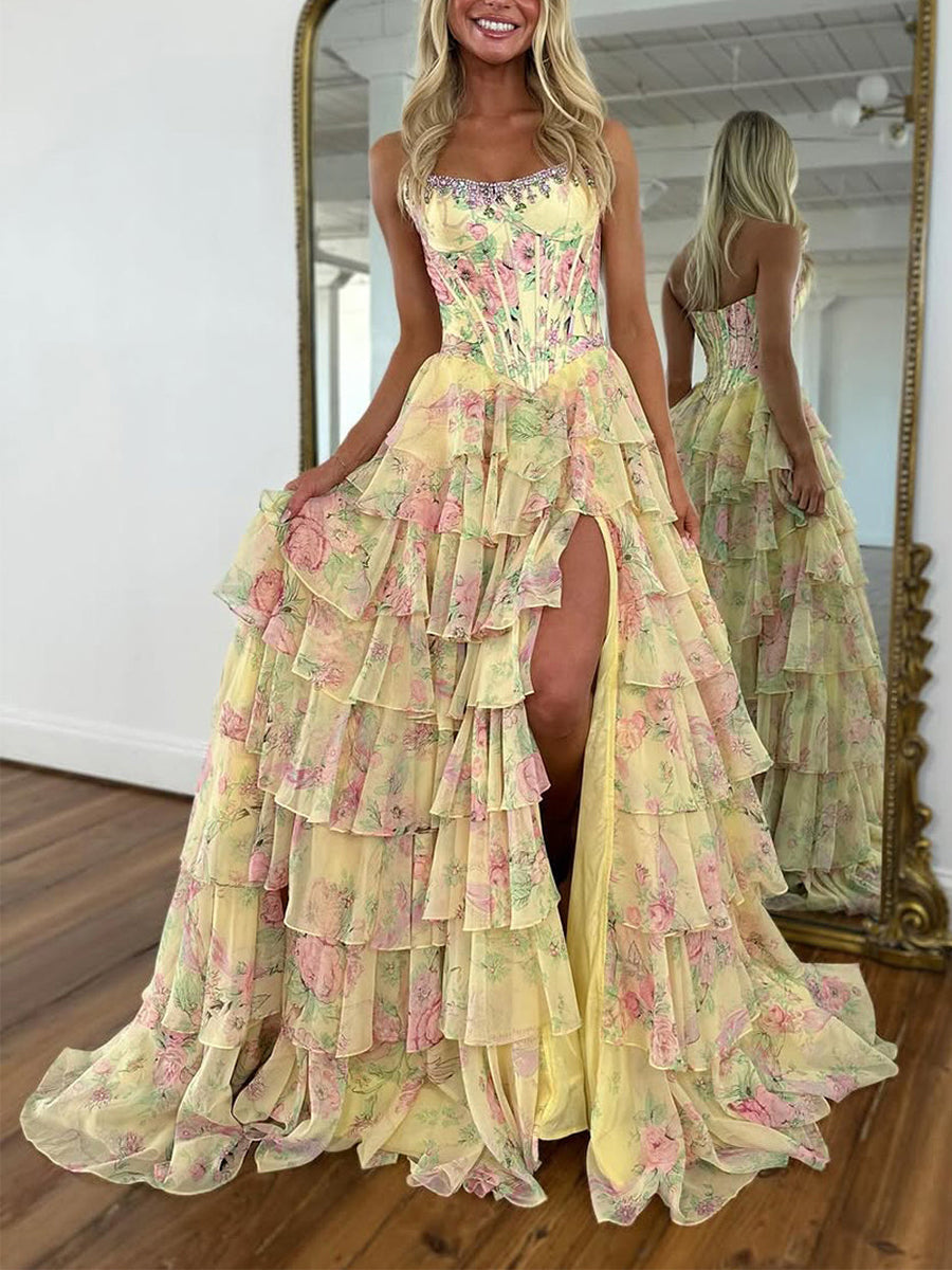 Sparkly Blue Floral Corset Ruffled Long Prom Dress with Slit - View 3 | FashionDia