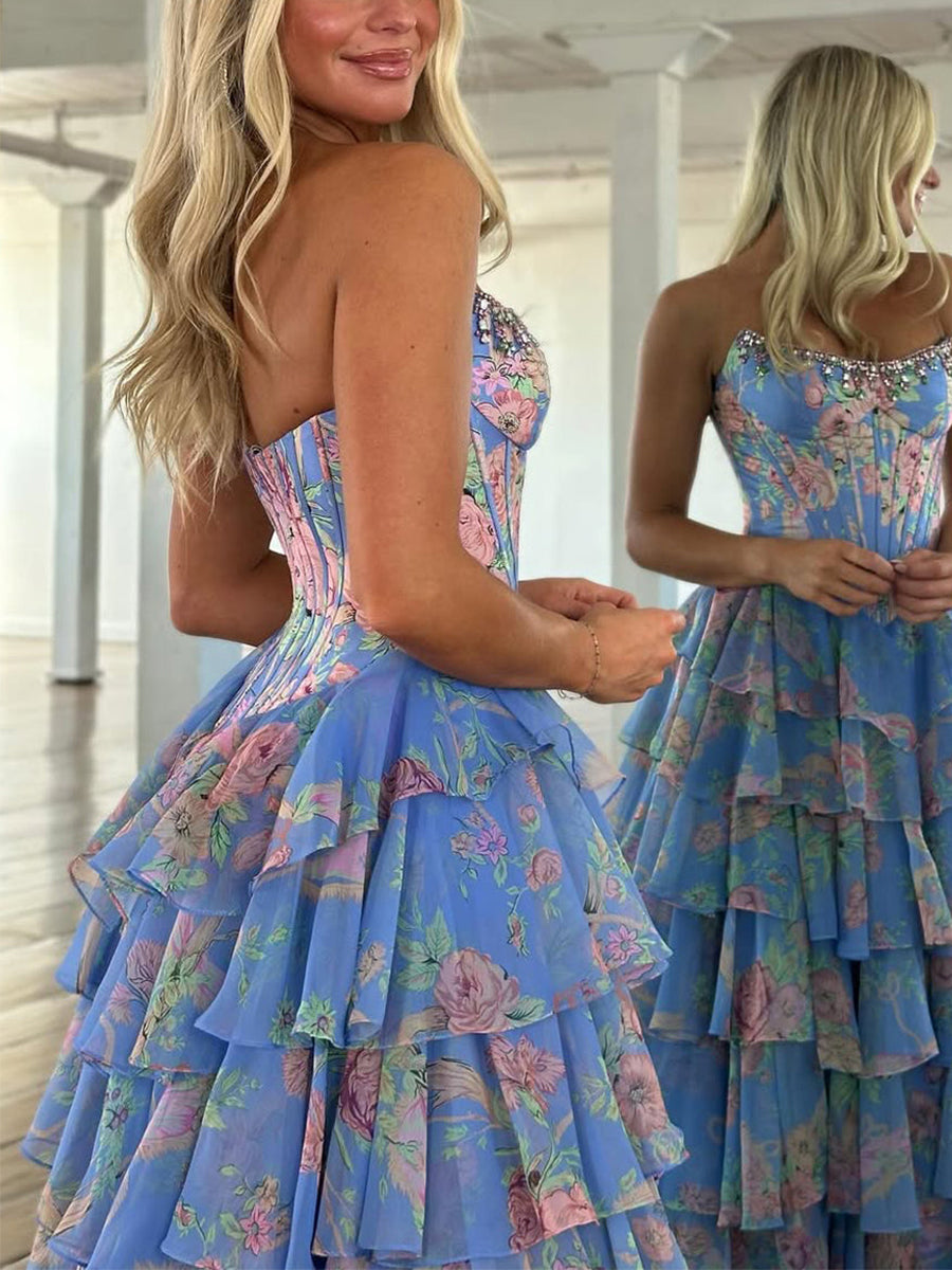 Sparkly Blue Floral Corset Ruffled Long Prom Dress with Slit - View 12 | FashionDia