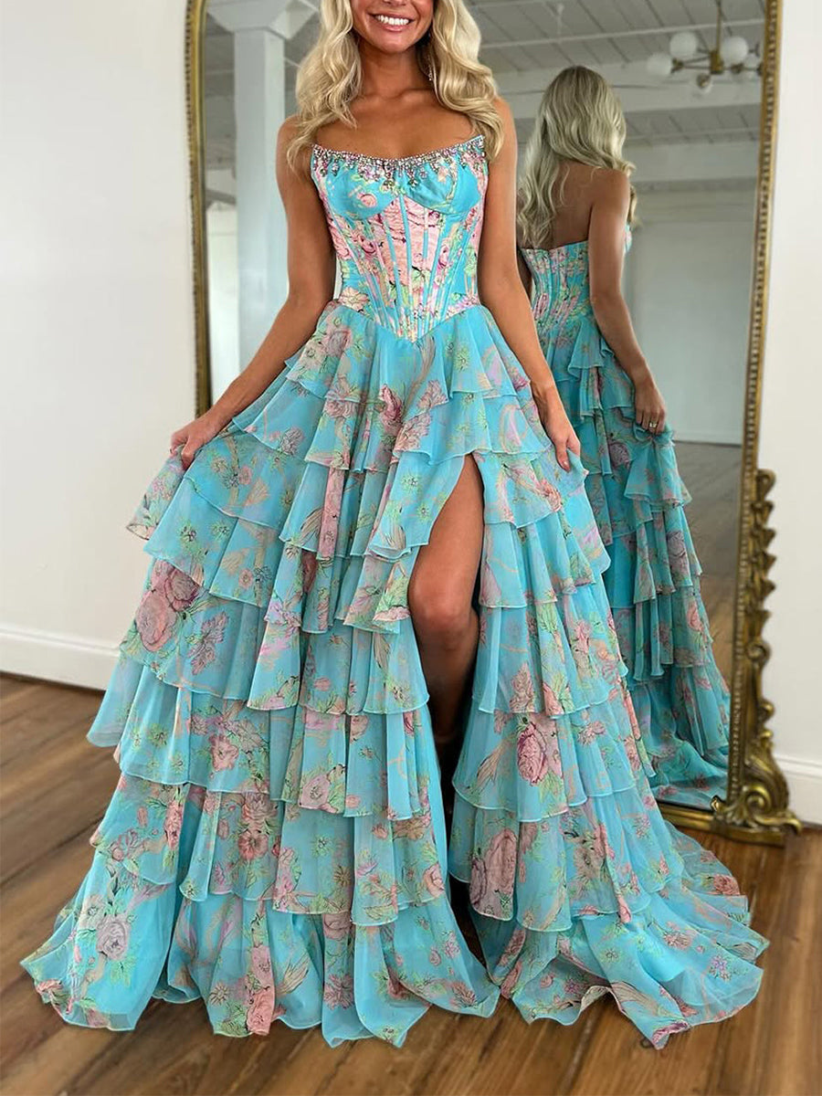 Sparkly Blue Floral Corset Ruffled Long Prom Dress with Slit - FashionDia
