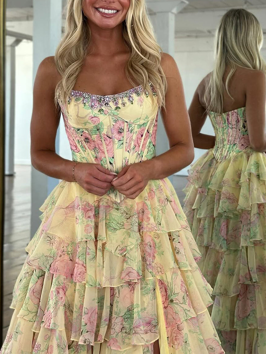 Sparkly Blue Floral Corset Ruffled Long Prom Dress with Slit - View 4 | FashionDia