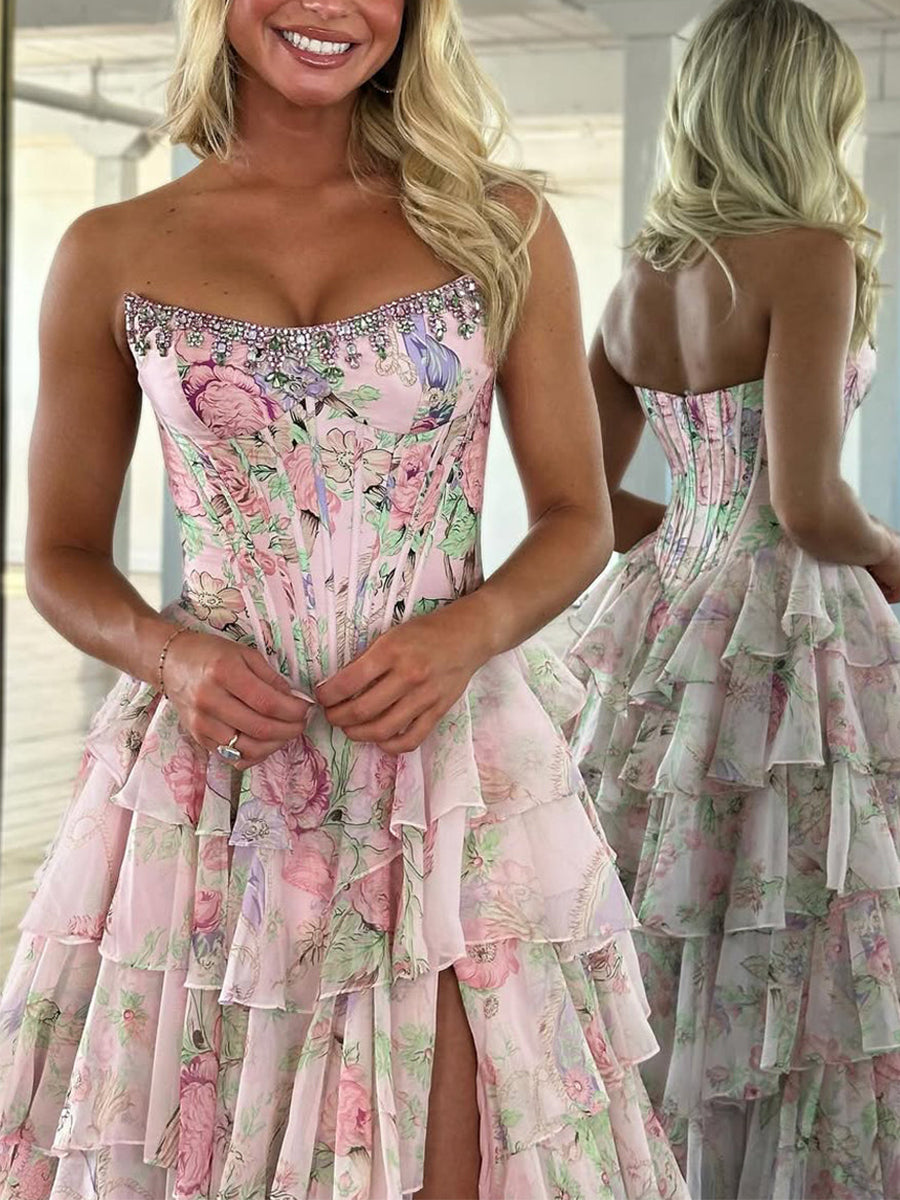 Sparkly Blue Floral Corset Ruffled Long Prom Dress with Slit - View 7 | FashionDia