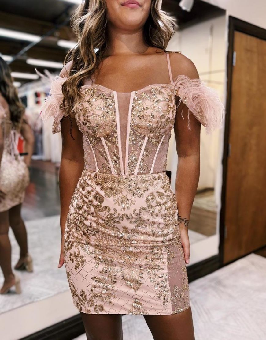 Sparkly Bodycon Off The Shoulder Short Homecoming Dress With Feather