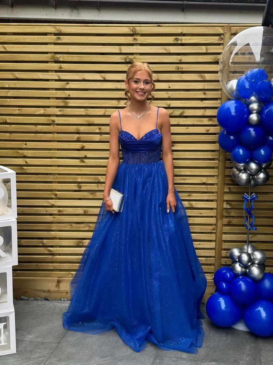 Sparkly Glitter Beaded Sweetheart Bodice Tulle Long Prom Dress