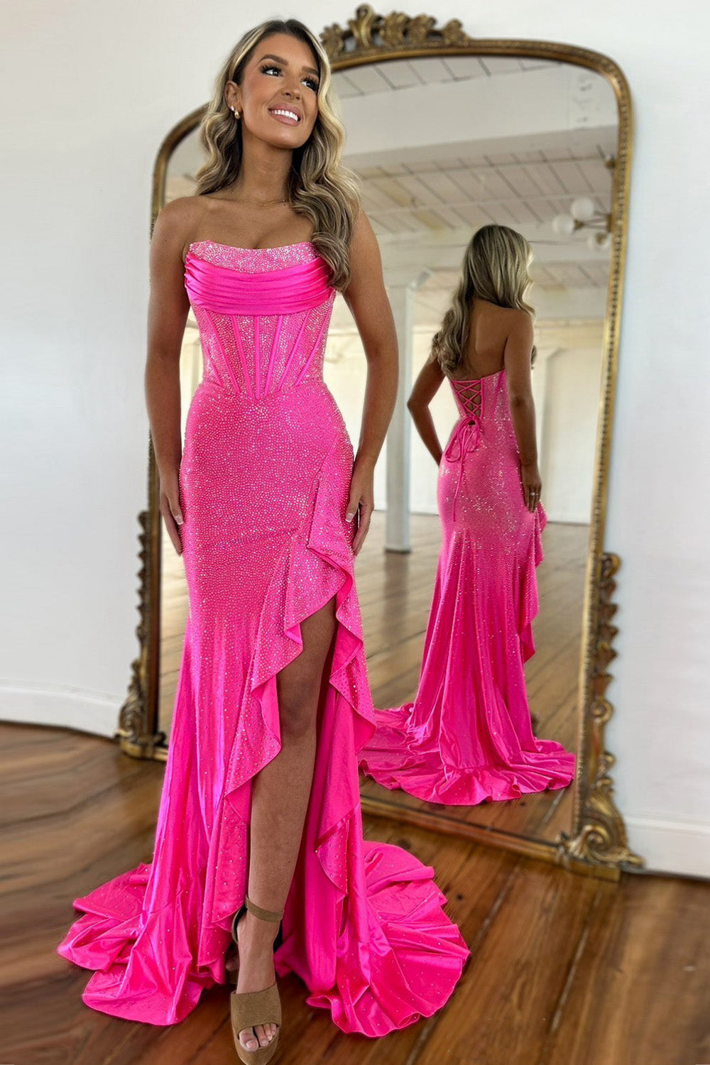 Orange Sparkly Mermaid Strapless Lace Up Long Beaded Prom Dress with Slit