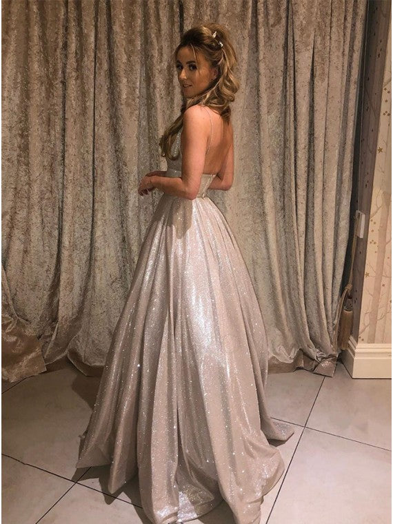 Sparkly Lavender A-line V-neck Spaghetti Straps Prom Dresses, Evening Dress - View 3 | VelvetHem
