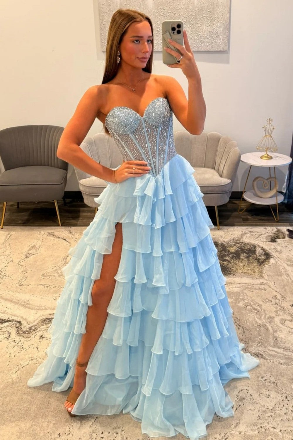 Princess A-Line Sweetheart Light Blue Corset Prom Dress with Beading Ruffles - FashionDia