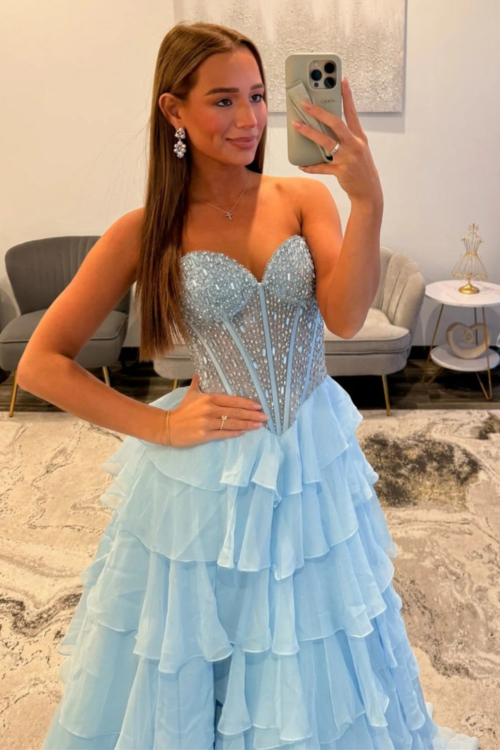Princess A-Line Sweetheart Light Blue Corset Prom Dress with Beading Ruffles - View 3 | FashionDia