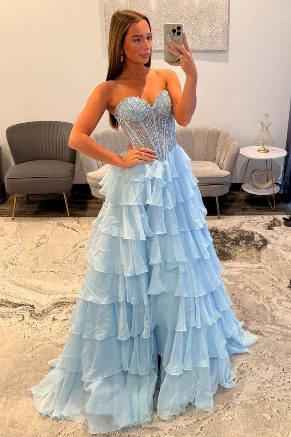 Princess A-Line Sweetheart Light Blue Corset Prom Dress with Beading Ruffles - View 4 | FashionDia